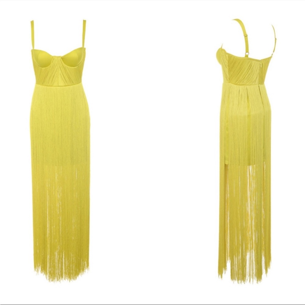 HOUSE OF CB 'Emee' Acid Yellow Satin Fringe Dress - Picture 11 of 17